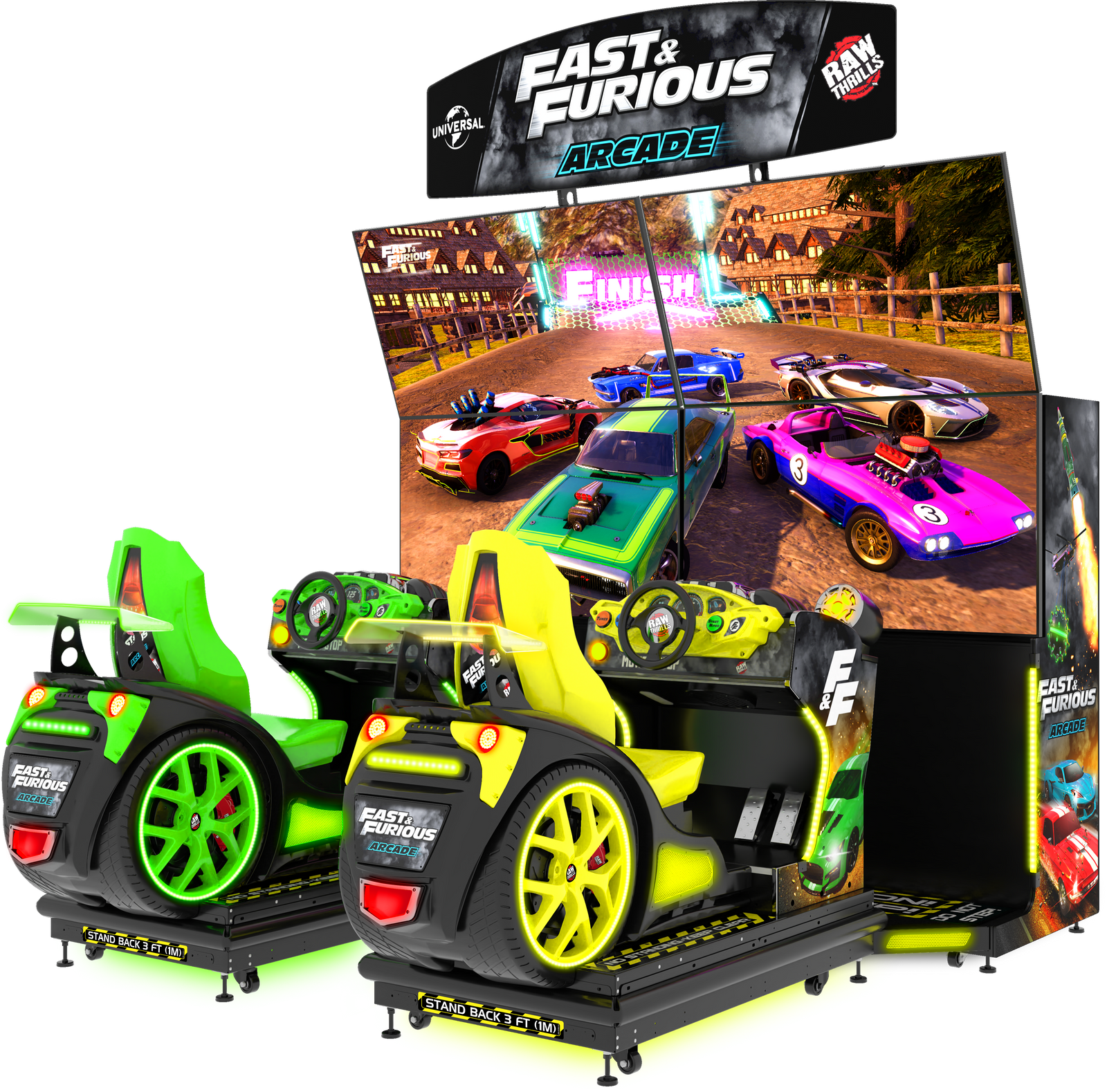 Fast & Furious Arcade - Thrill‘D Motion Racing Machine | Dual 65" UHD Screens | Motion Simulator Platform | 1-8 Player Linked Cabinets | Licensed Supercars.