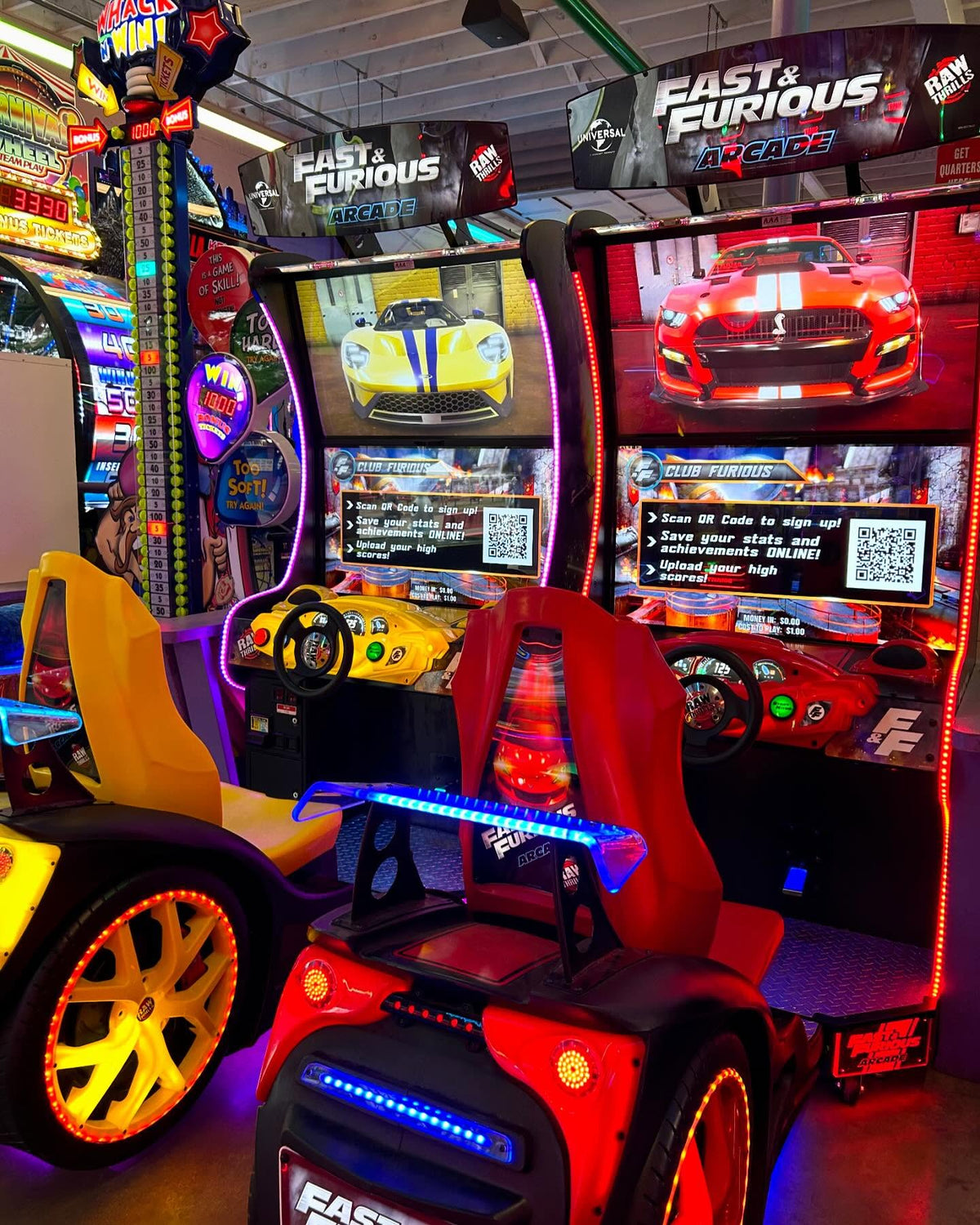 Fast & Furious arcade racing machine with 43-inch dual UHD displays, 1–8 player linked multiplayer, and LED cockpit.
