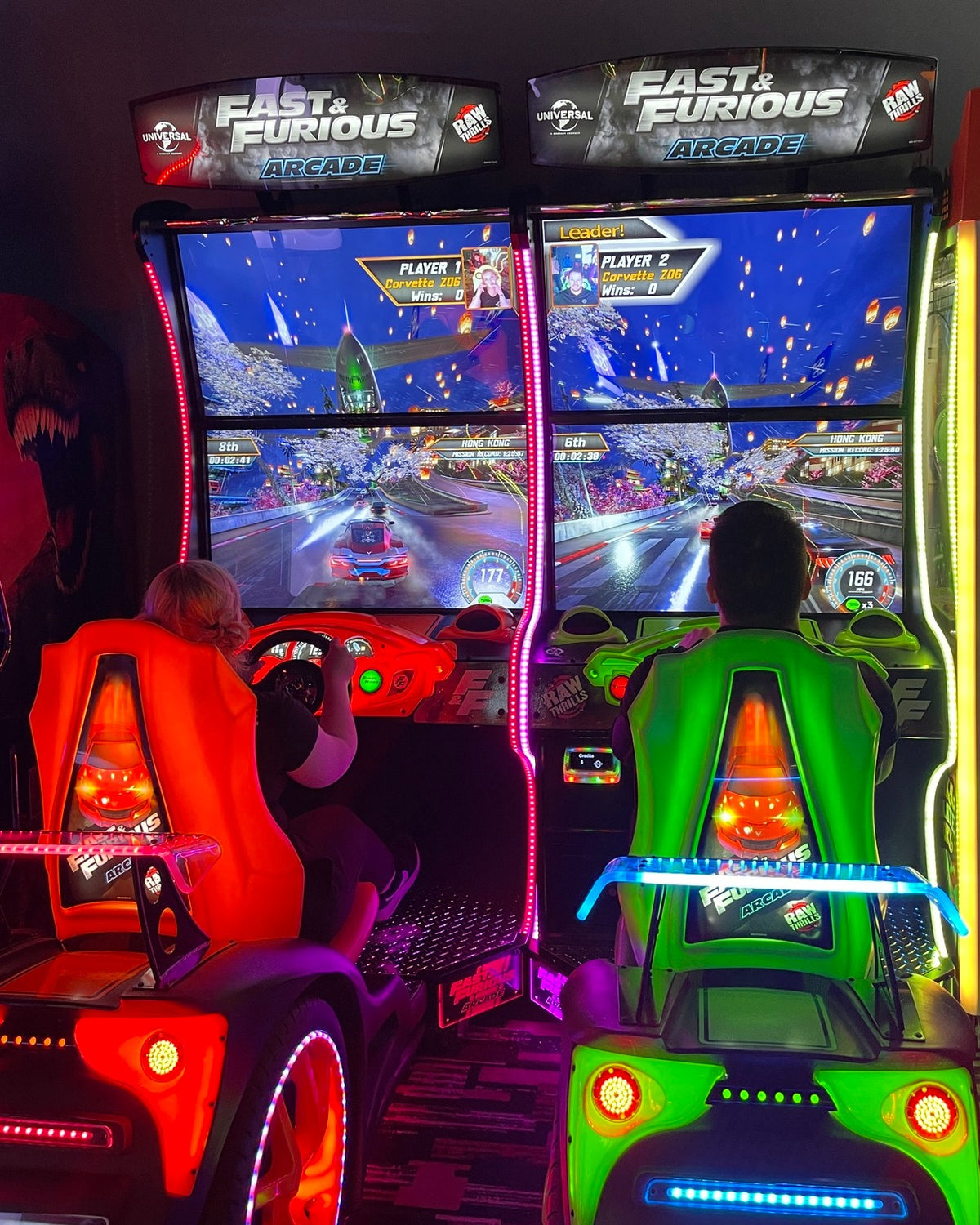 Fast & Furious arcade racing machine with 43-inch dual UHD displays, 1–8 player linked multiplayer, and LED cockpit.