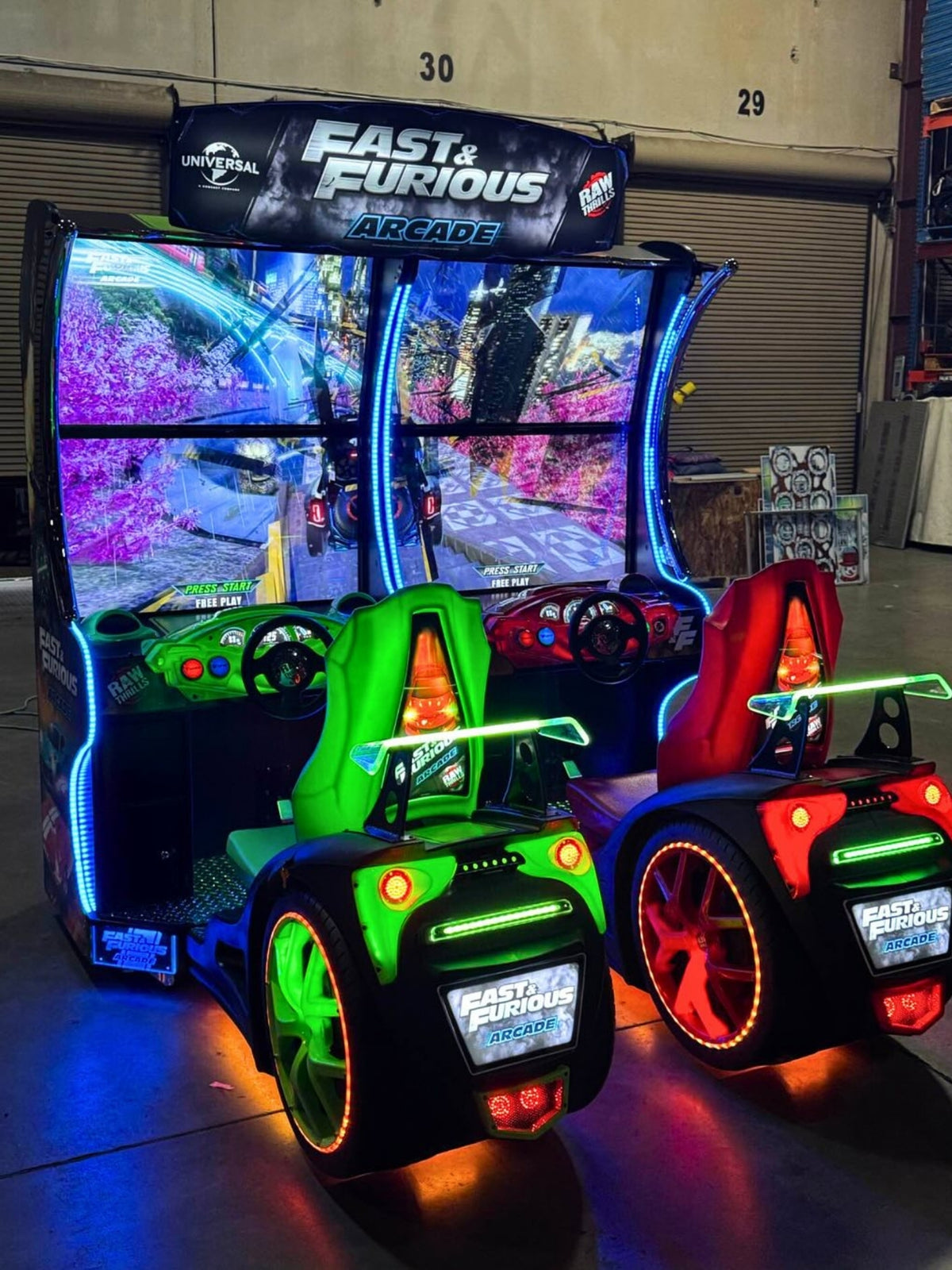 Fast & Furious arcade racing machine with 43-inch dual UHD displays, 1–8 player linked multiplayer, and LED cockpit.
