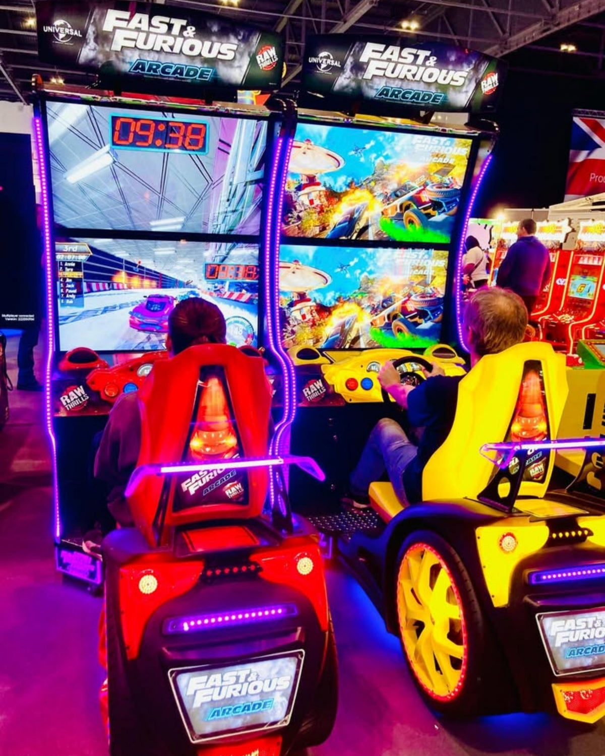 Fast & Furious arcade racing machine with 43-inch dual UHD displays, 1–8 player linked multiplayer, and LED cockpit.