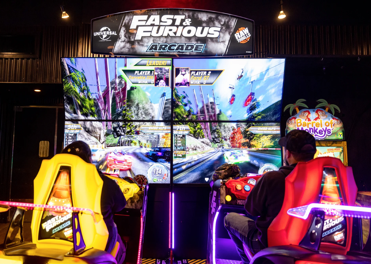 Fast & Furious Thrill’D Motion Arcade – Dual 65" UHD Screens | 1–8 Player Multiplayer | Single Unit by Raw Thrills - Arcade