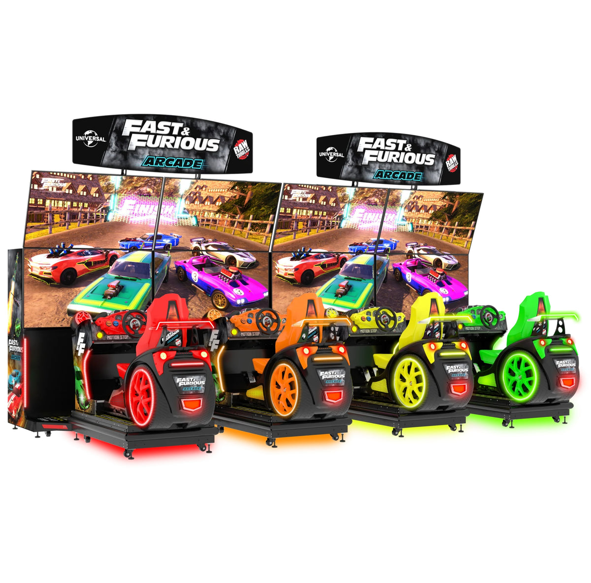 Fast & Furious Thrill-D motion racing arcade machine with dual 65-inch UHD screens, motion simulator, and 1–8 player linked cabinets
