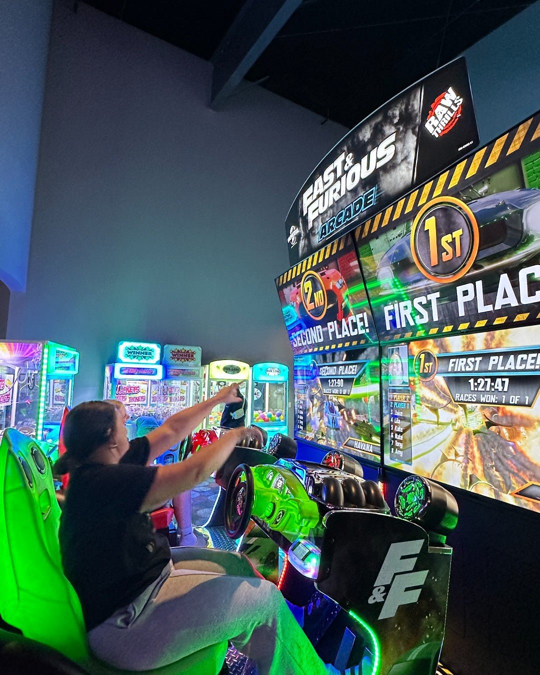 Fast & Furious Thrill’D Motion Arcade – Dual 65" UHD Screens | 1–8 Player Multiplayer | Single Unit by Raw Thrills - Arcade