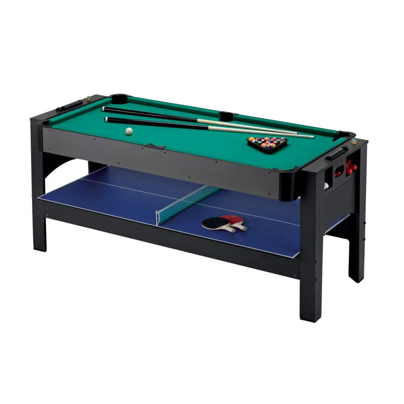 Fat Cat 3-in-1 6-foot flip multi-game table with billiards, table tennis, and air hockey surfaces