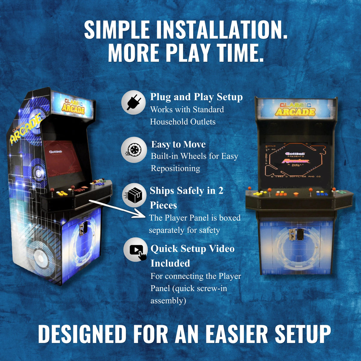 Arcade machine with features listed on a blue background