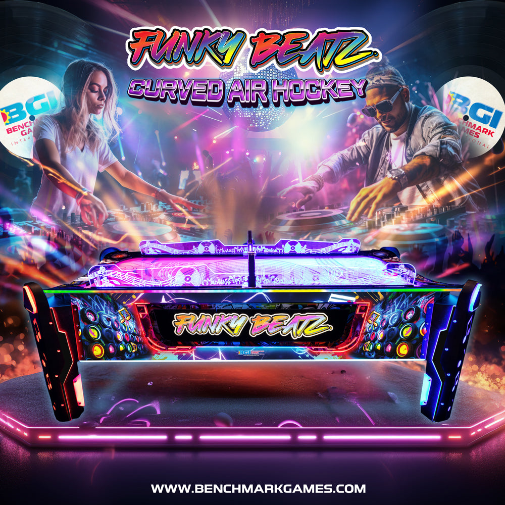 Funky Beatz Air Hockey music-powered arcade table featuring curved playfield, LED lights, and rhythm-based gameplay