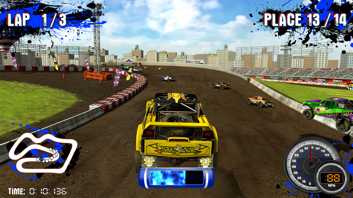 Nitro Trucks Arcade Machine – Monster Truck Racing Game | 1-8 Player Linked Cabinets | 43&quot; HD Display | Force Feedback Steering | Raw Thrills Off-Road Arcade.