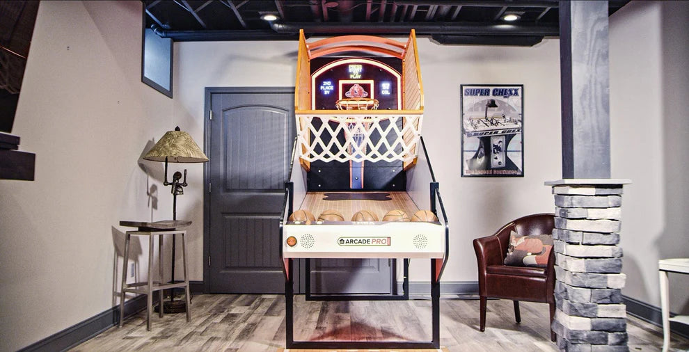 NBA Game Time Pro Basketball Arcade Machine – Choose Your NBA Team | 5 Game Modes | Real Wood Floor | 1-4 Player Home Arcade | Official NBA Licensed.
