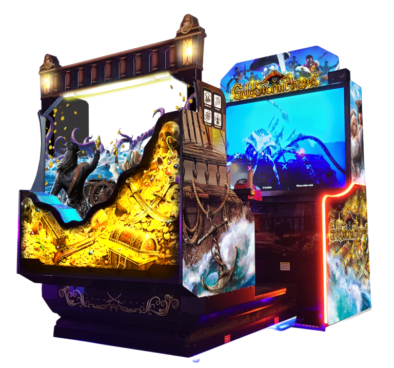 Namco GoldStorm Pirates Arcade Game Machine – 2 Player Motion Rail Shooter | 65&quot; HD Screen | Recoil Guns &amp; Pirate Wheel | Sequel to Deadstorm Pirates.
