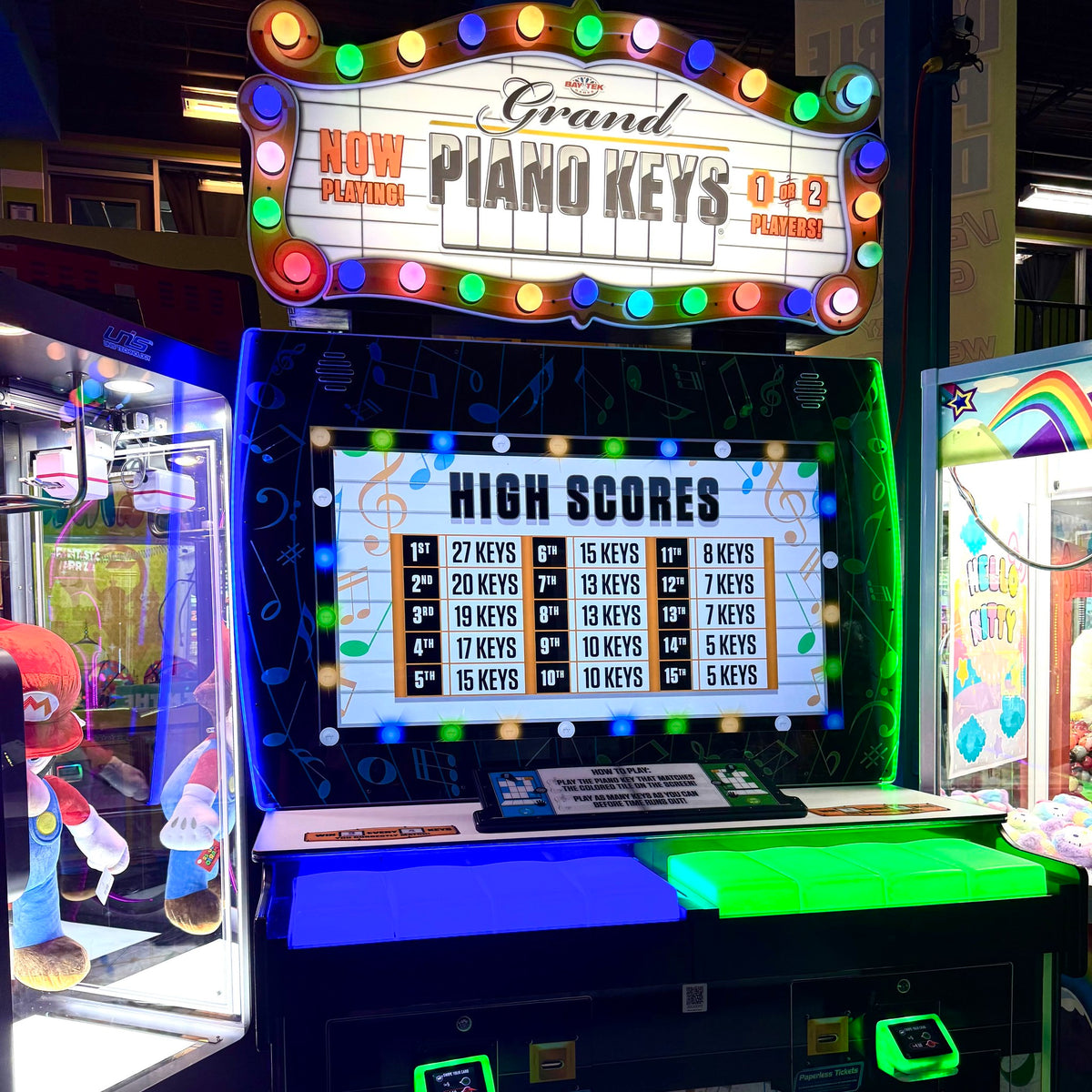 Grand Piano Keys arcade machine featuring musical skill gameplay and ticket redemption rewards.