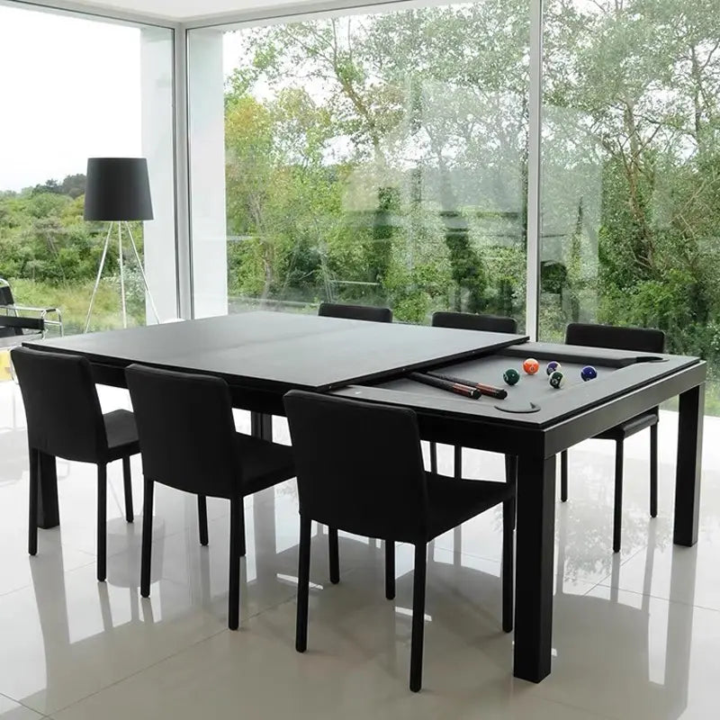 Alpha White Billiards Convertible Dining Pool Table – Modern Solid Hardwood Slate Table | Optional Hydraulic Height Adjustment | Leather Drop Pockets.
