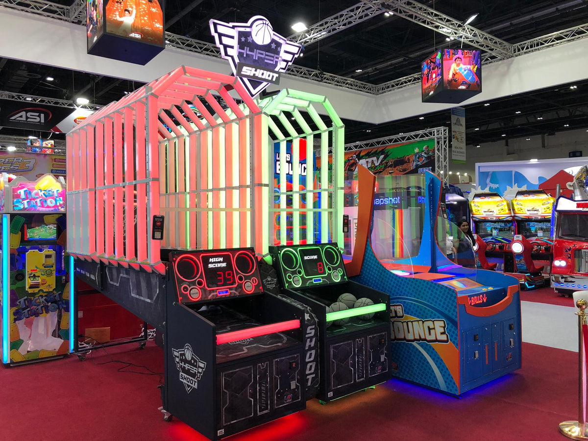 HYPERshoot arcade basketball game with interactive light tunnel and fast-paced multiplayer action.
