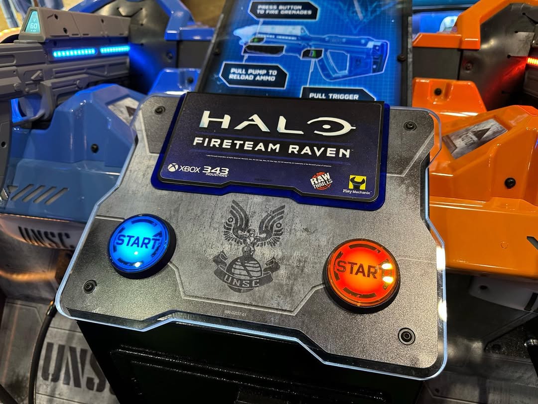 Raw Thrills Halo Fireteam Raven arcade game featuring six missions, immersive multiplayer action, and realistic gun controls.