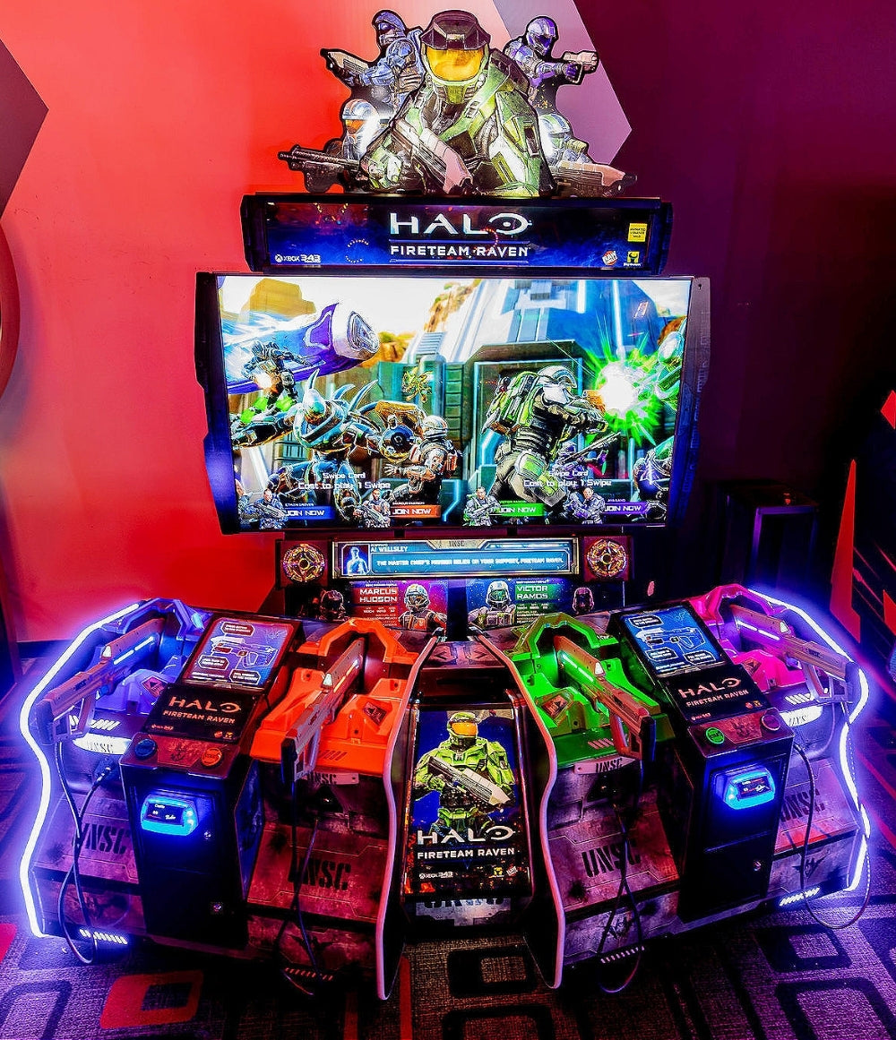 Raw Thrills Halo Fireteam Raven arcade game featuring six missions, immersive multiplayer action, and realistic gun controls.