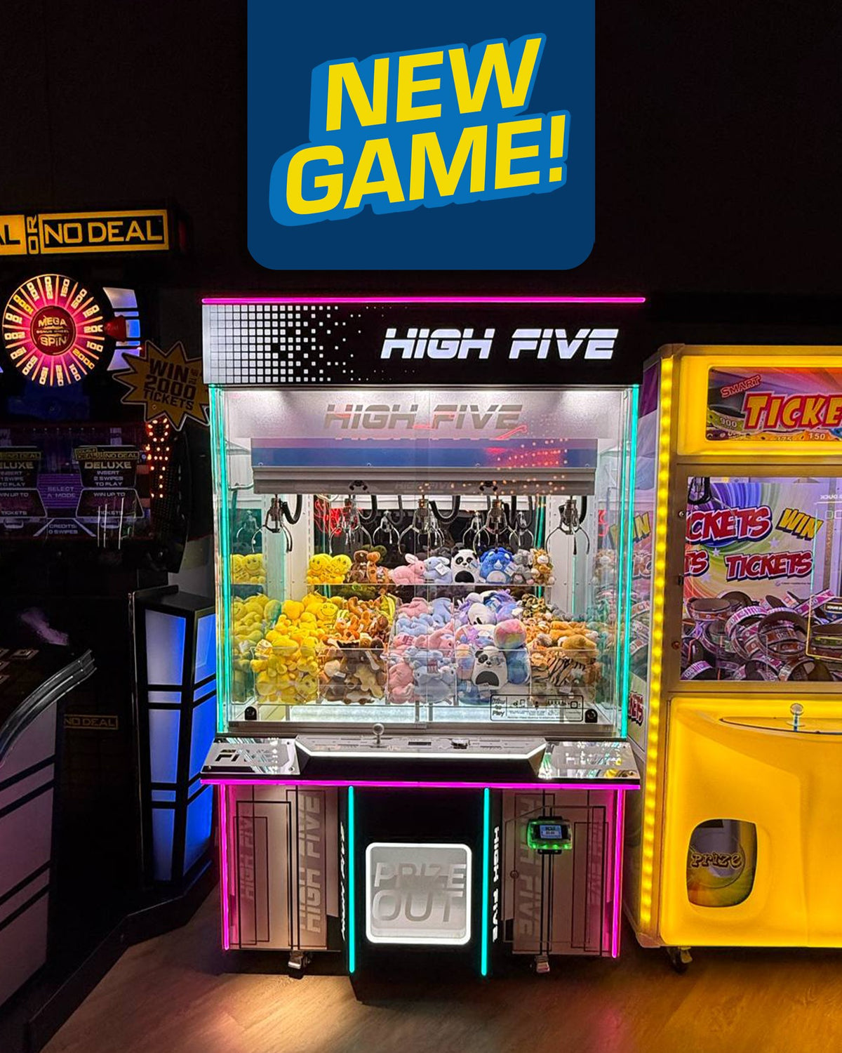 High Five five-claw prize crane arcade machine with large glass display and multi-claw prize system