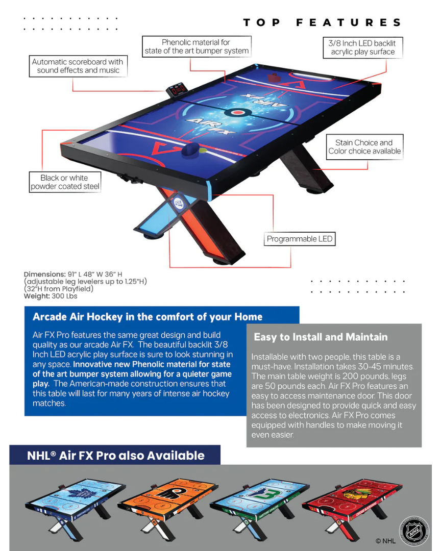 Home Air FX Pro 8-foot air hockey table with LED-backlit playfield, powder-coated steel frame, and hardwood accents.