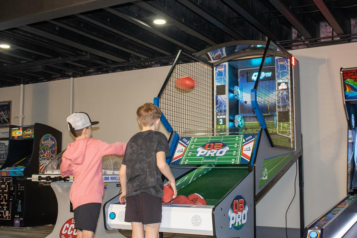 Home Quarterback Pro Football Arcade Game with 4-player quarterback challenge, pop-out targets, and QBR leaderboard by ICE Games.