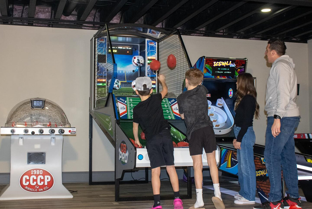 Home Quarterback Pro Football Arcade Game with 4-player quarterback challenge, pop-out targets, and QBR leaderboard by ICE Games.