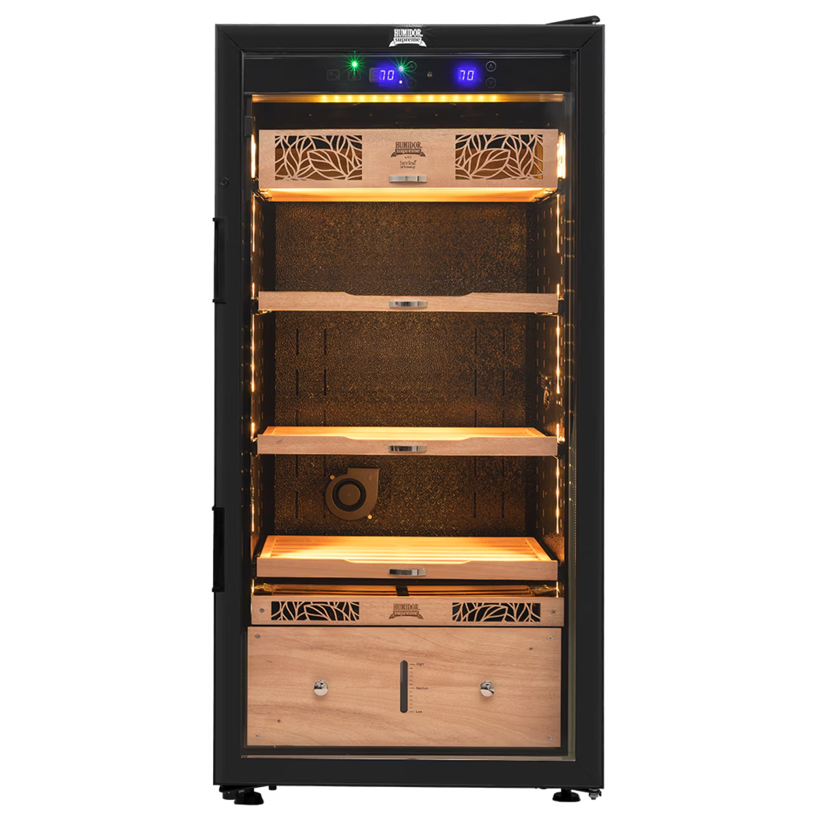 Front view of Humidor Supreme 9100 electronic humidor cabinet designed for premium cigar storage