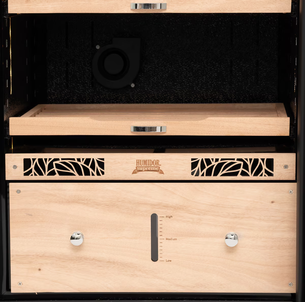 Interior cedar shelving inside Humidor Supreme 9100 electronic humidor cabinet for organized cigar storage