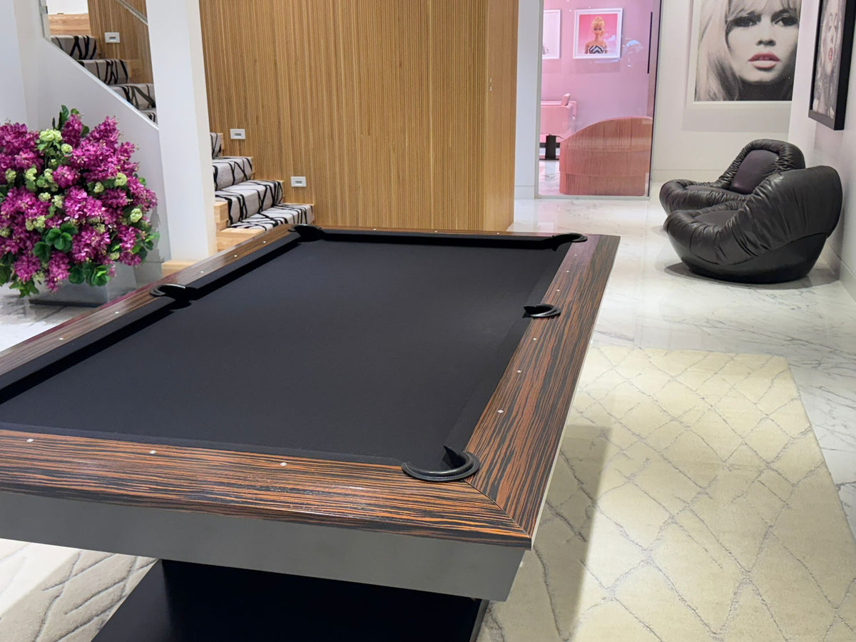 Meridian Luxury Billiards Table – Macassar Wood Slate Pool Table | Solid Hardwood Frame | Custom Finishes | 3-Piece Precision Slate | Leather Drop Pockets.