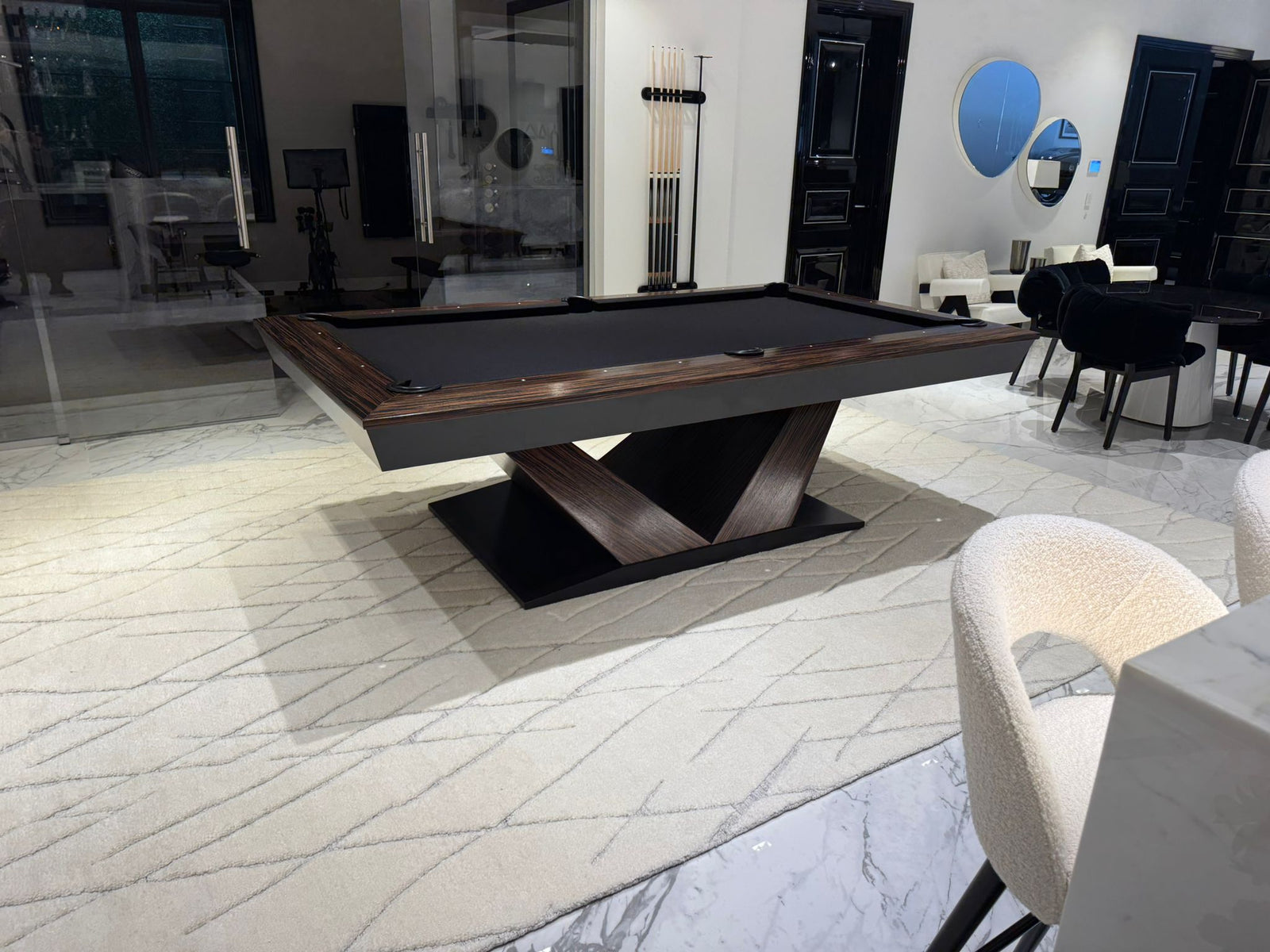 Meridian Luxury Billiards Table – Macassar Wood Slate Pool Table | Solid Hardwood Frame | Custom Finishes | 3-Piece Precision Slate | Leather Drop Pockets.