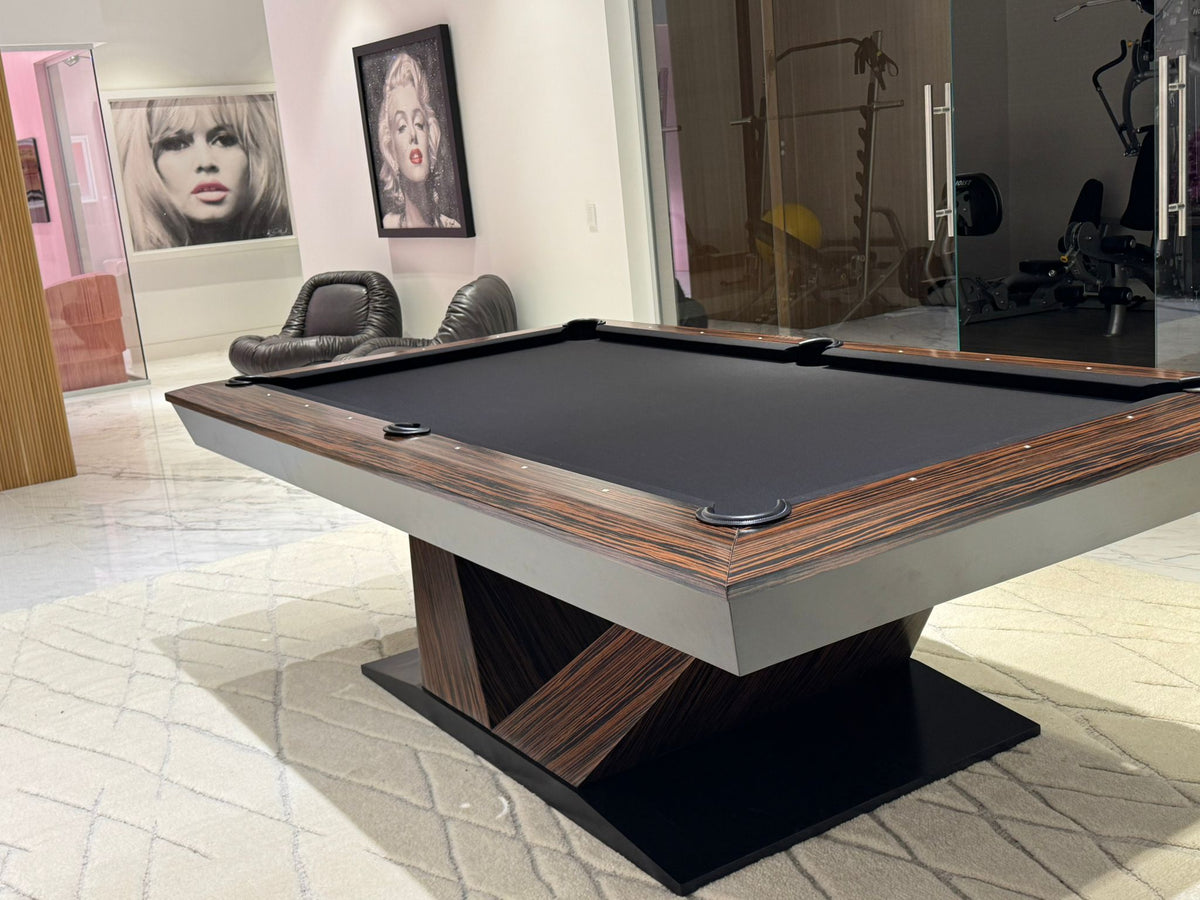 Meridian Luxury Billiards Table – Macassar Wood Slate Pool Table | Solid Hardwood Frame | Custom Finishes | 3-Piece Precision Slate | Leather Drop Pockets.