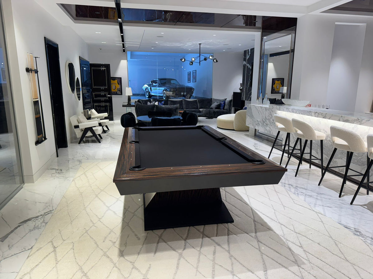 Meridian Luxury Billiards Table – Macassar Wood Slate Pool Table | Solid Hardwood Frame | Custom Finishes | 3-Piece Precision Slate | Leather Drop Pockets.