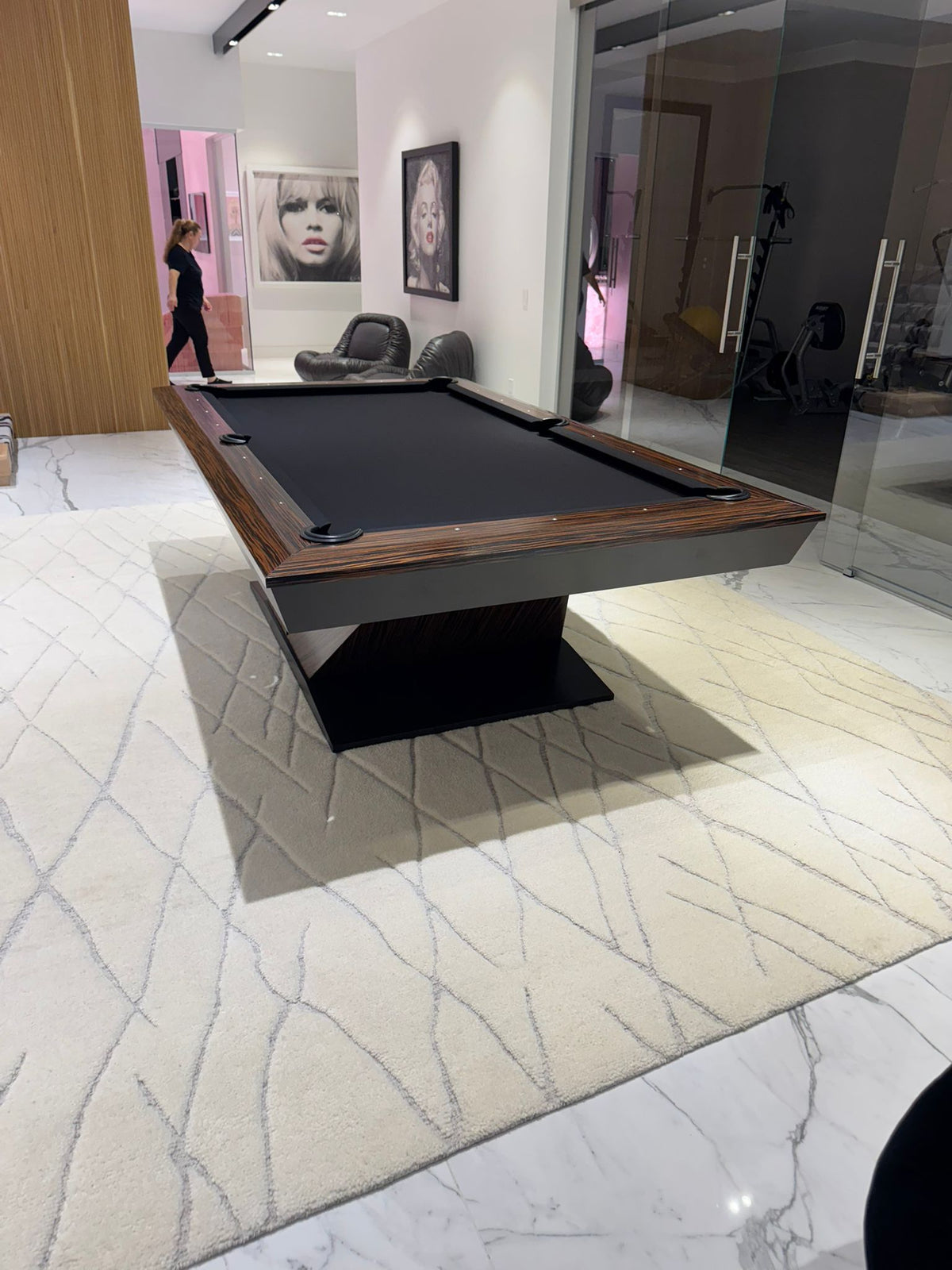 Meridian Luxury Billiards Table – Macassar Wood Slate Pool Table | Solid Hardwood Frame | Custom Finishes | 3-Piece Precision Slate | Leather Drop Pockets.