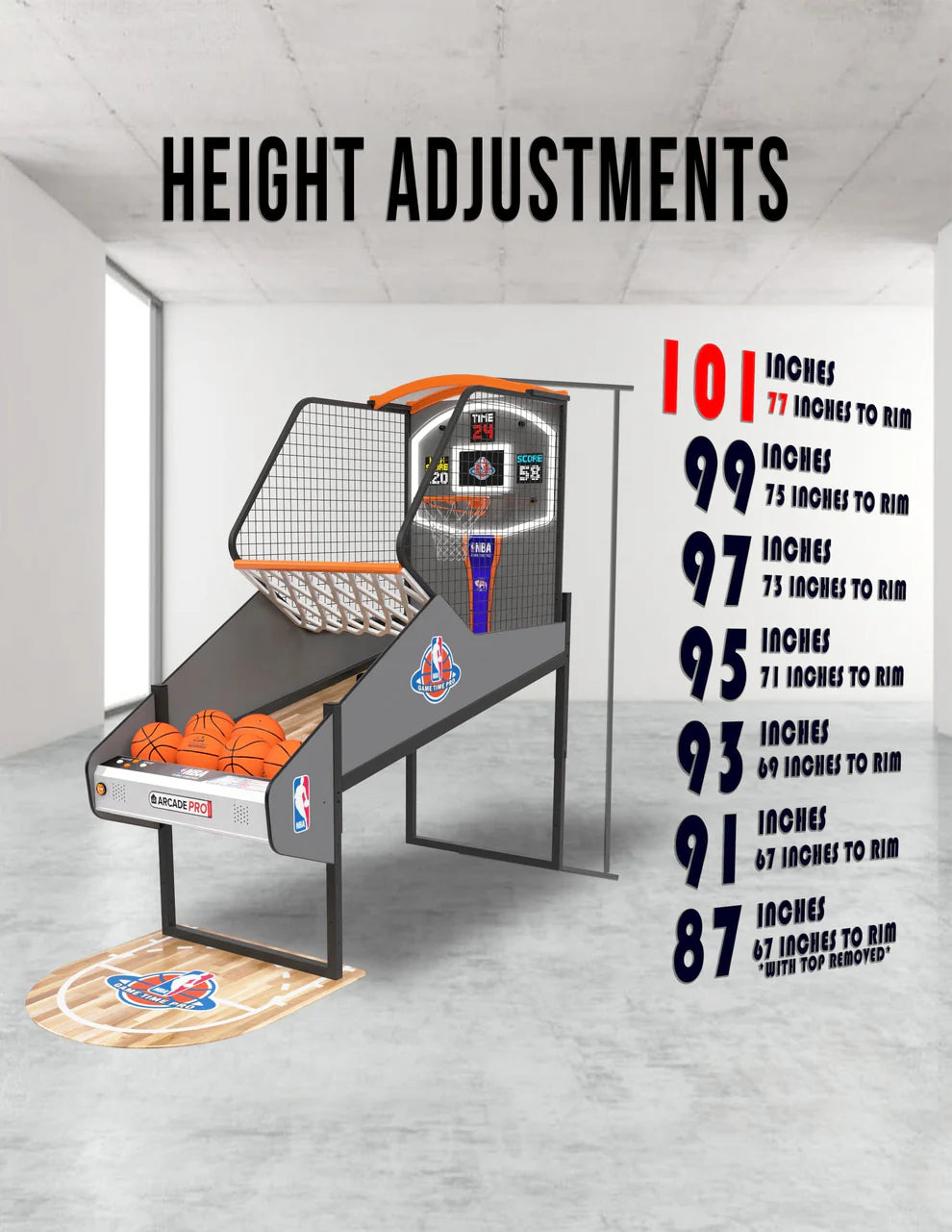 NBA Game Time Pro Basketball Arcade Machine – Choose Your NBA Team | 5 Game Modes | Real Wood Floor | 1-4 Player Home Arcade | Official NBA Licensed.