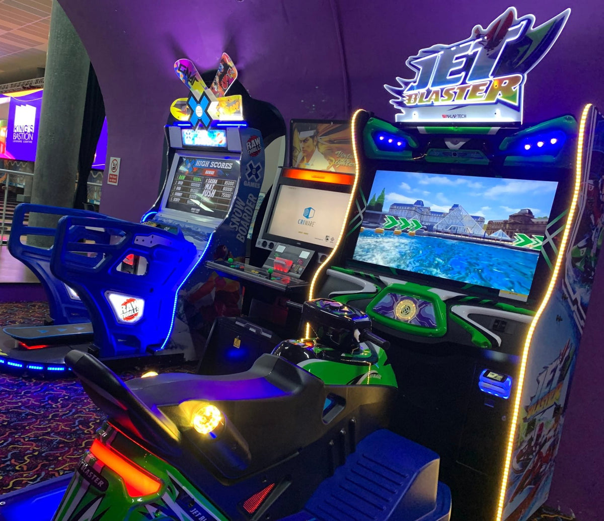 Jet Blaster arcade racing game featuring handlebars, LED effects, and realistic watercraft motion simulation