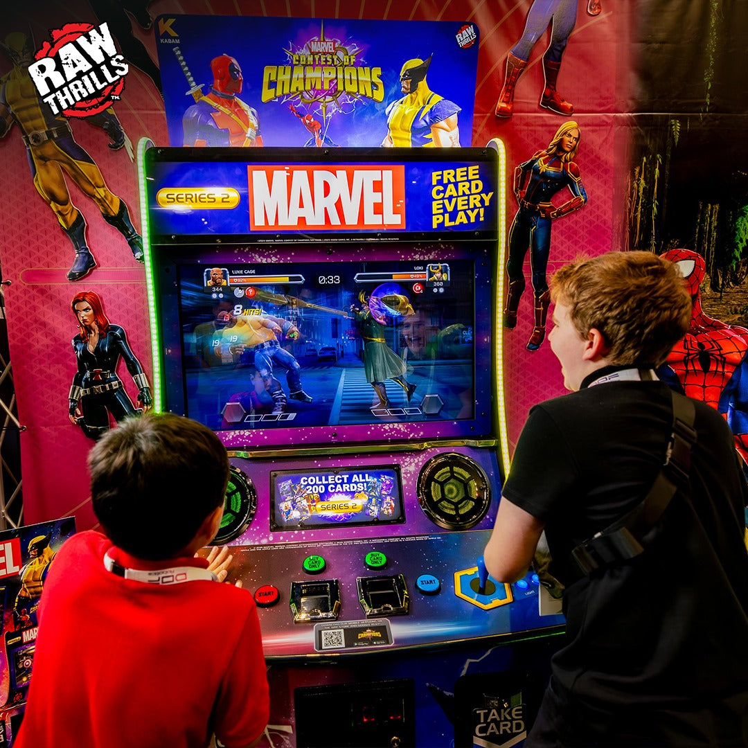 Marvel Contest of Champions arcade machine with 43-inch HD display, 2-player 3v3 fighting gameplay, and collectible champion cards.