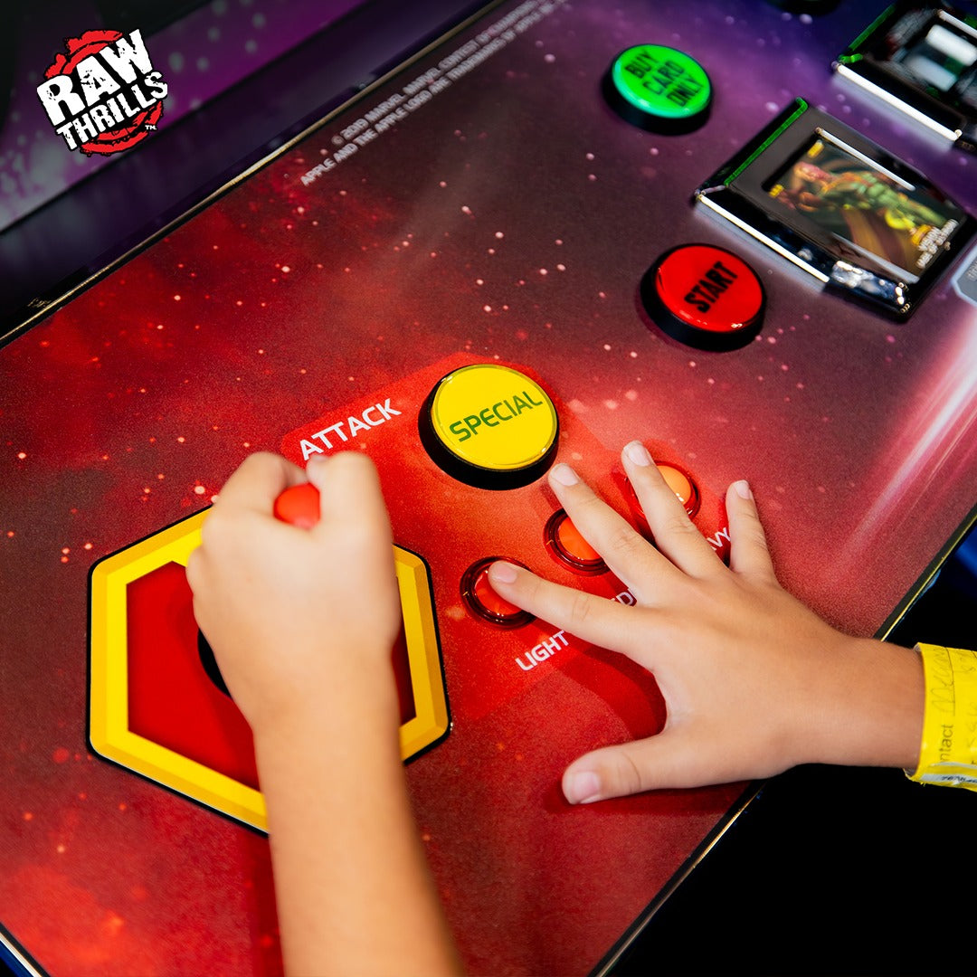 Marvel Contest of Champions arcade machine with 43-inch HD display, 2-player 3v3 fighting gameplay, and collectible champion cards.