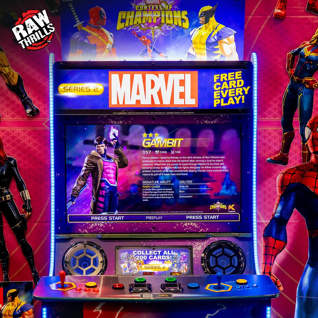 Marvel Contest of Champions arcade machine with 43-inch HD display, 2-player 3v3 fighting gameplay, and collectible champion cards.