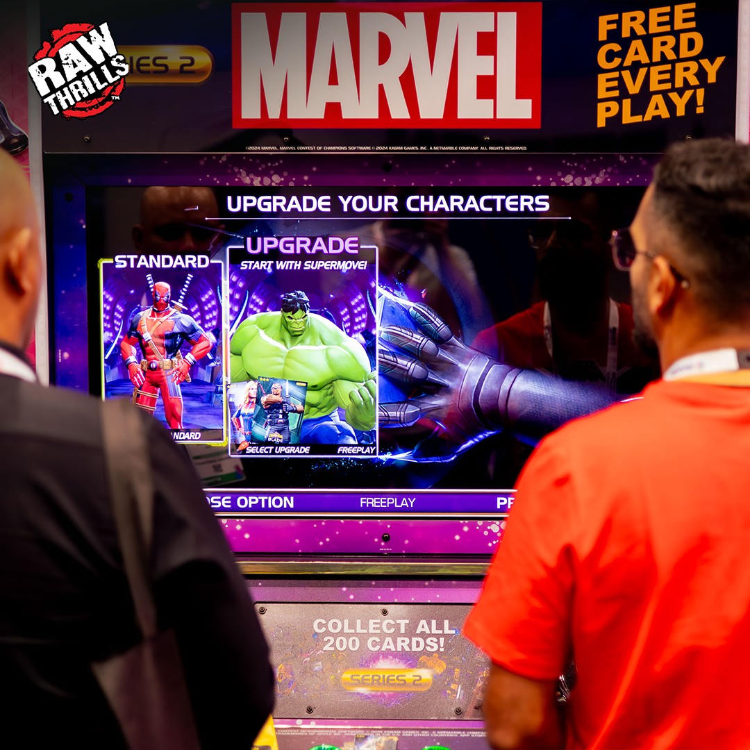Marvel Contest of Champions arcade machine with 43-inch HD display, 2-player 3v3 fighting gameplay, and collectible champion cards.
