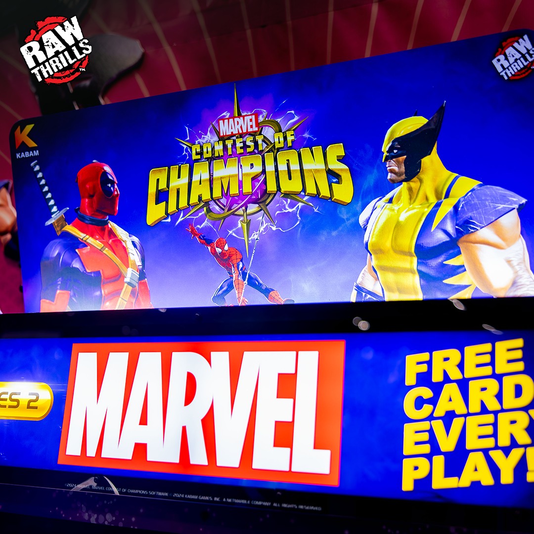 Marvel Contest of Champions arcade machine with 43-inch HD display, 2-player 3v3 fighting gameplay, and collectible champion cards.