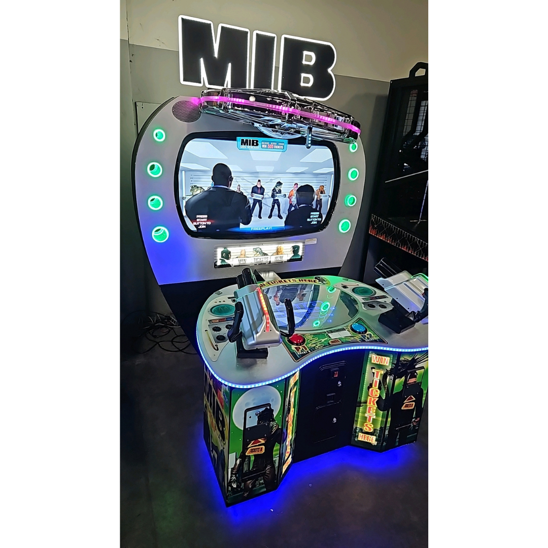 Men in Black skill-based video redemption arcade machine with interactive shooting gameplay and themed graphics