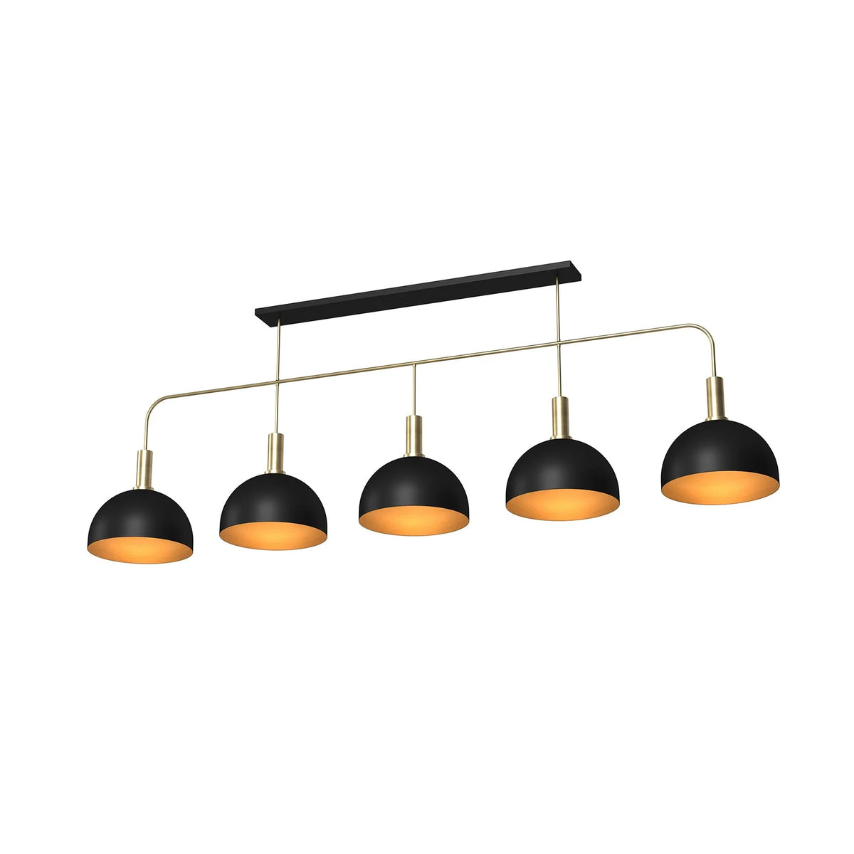 80" Prohibition Five-Shade Metal Pendant Light – Art Deco Brass Frame with Matte Black Shades & Gold Interior