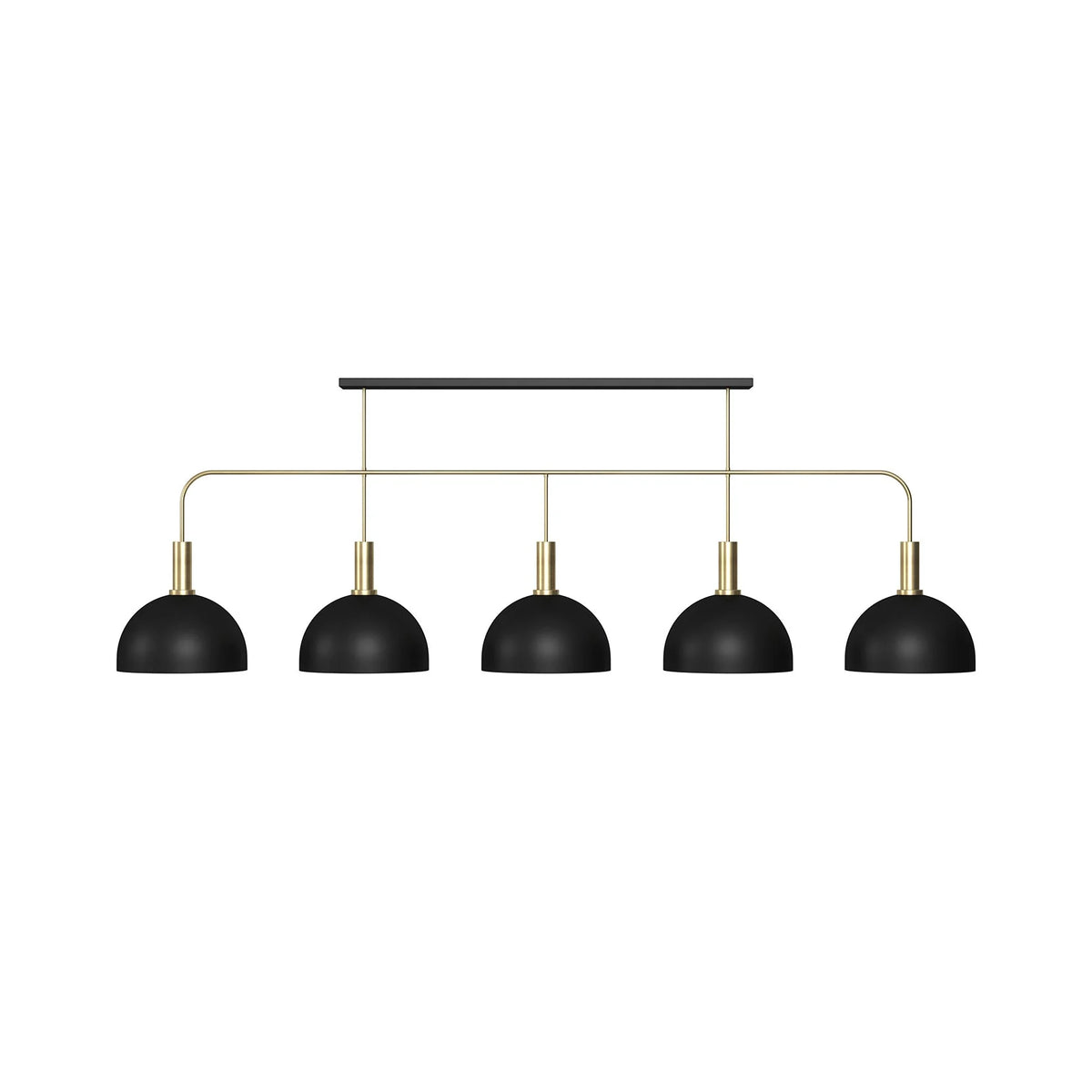 80" Prohibition Five-Shade Metal Pendant Light – Art Deco Brass Frame with Matte Black Shades & Gold Interior