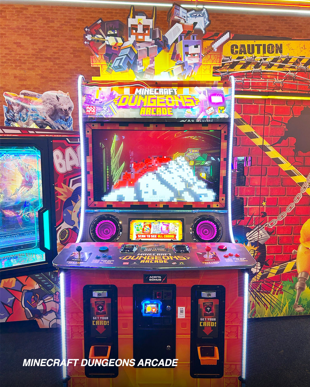 Minecraft Dungeons arcade machine with 2-player dungeon crawling, 43-inch HD display, and 143 collectible cards.