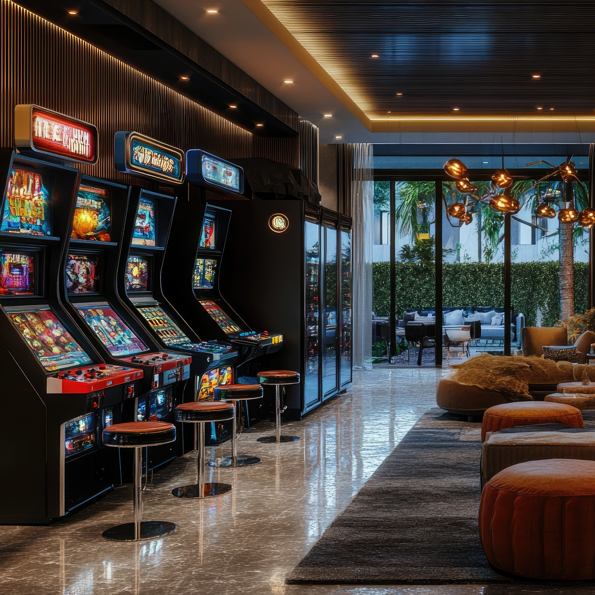 Modern lounge area with arcade games and comfortable seating