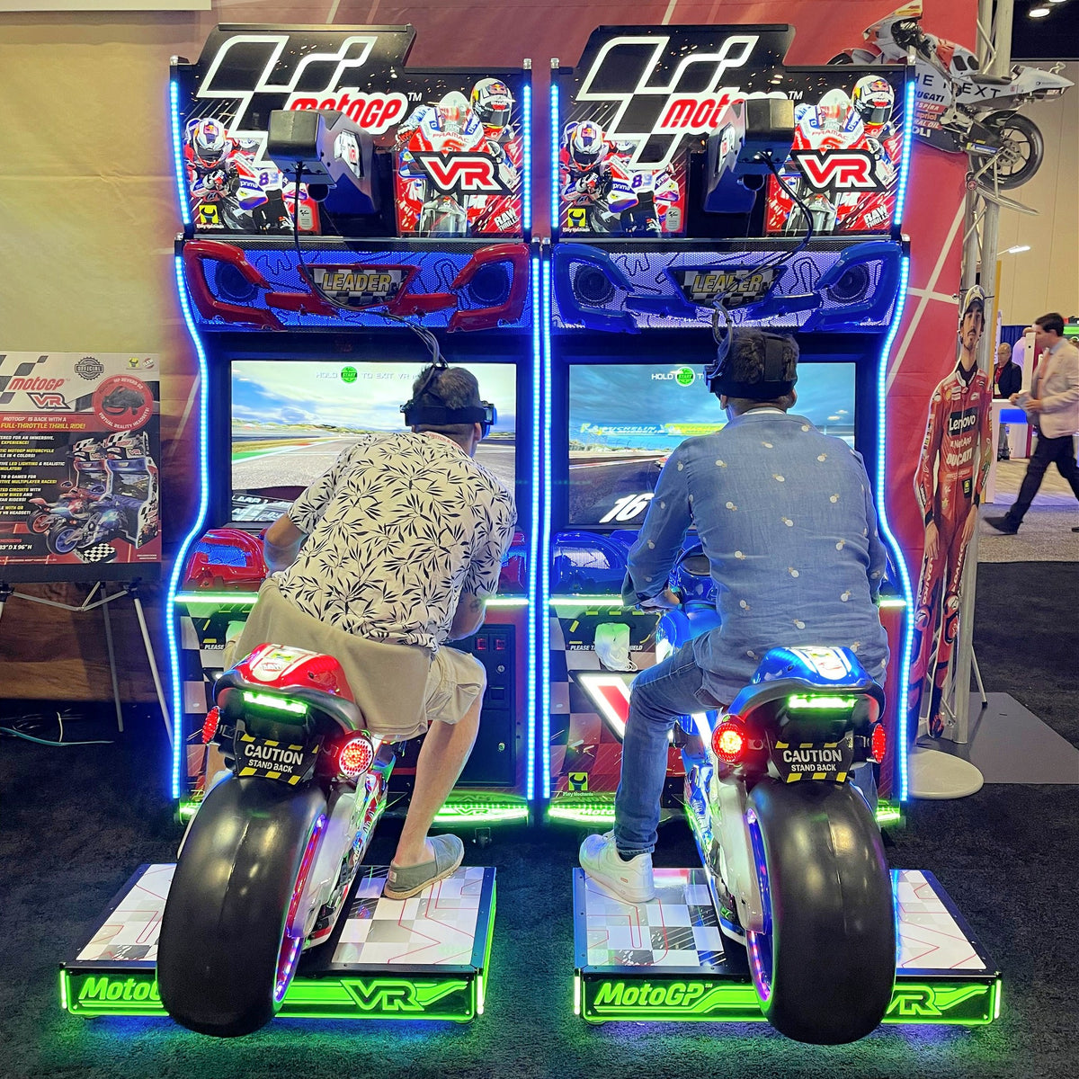 MotoGP VR arcade machine with 360° virtual reality motorcycle racing, official tracks, and HP Reverb G2 headset.