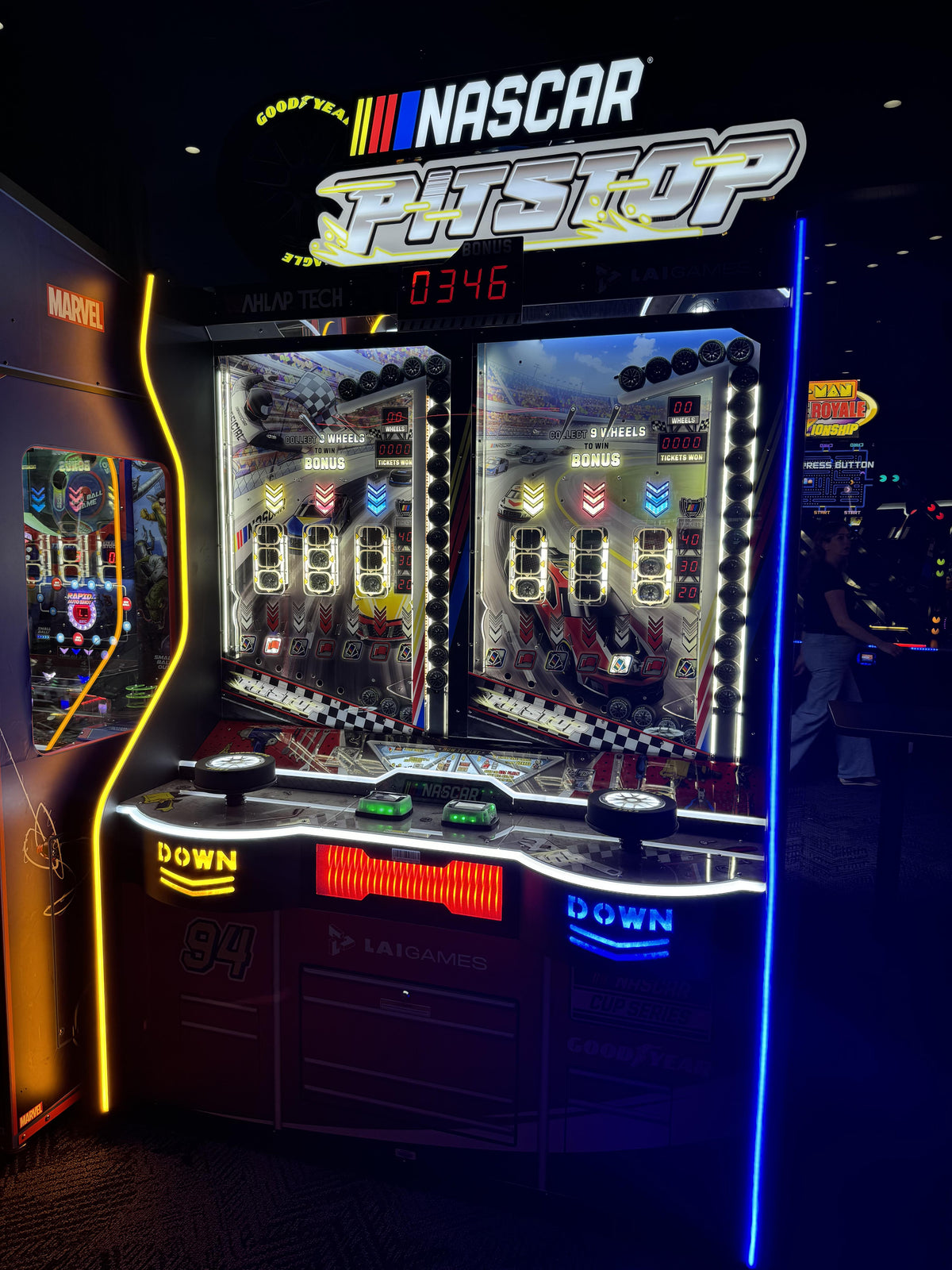 NASCAR Pit Stop arcade game with 2-player skill-based redemption gameplay and licensed NASCAR branding.