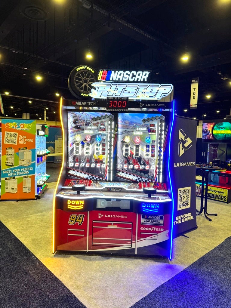 NASCAR Pit Stop arcade game with 2-player skill-based redemption gameplay and licensed NASCAR branding.