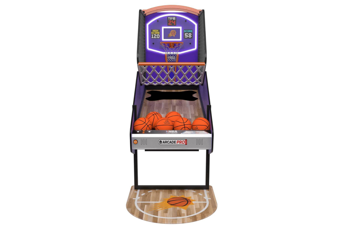 NBA Game Time Pro 8-foot basketball arcade by ICE Games with real hardwood floor, adjustable height, and 4-player Pop-A-Shot gameplay.