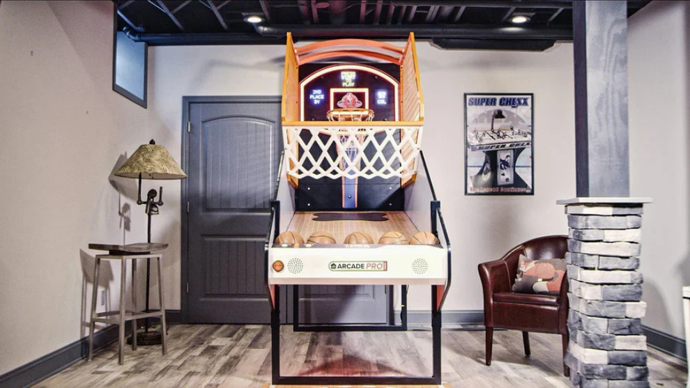 NBA Game Time Pro 8-foot basketball arcade by ICE Games with real hardwood floor, adjustable height, and 4-player Pop-A-Shot gameplay.