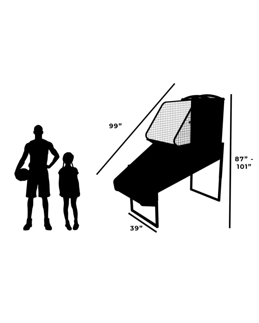 NBA Game Time Pro 8-foot basketball arcade by ICE Games with real hardwood floor, adjustable height, and 4-player Pop-A-Shot gameplay.