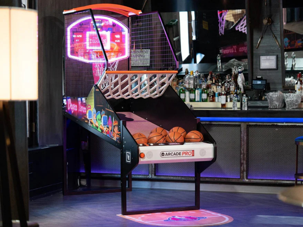 NBA Game Time Pro 8-foot basketball arcade by ICE Games with real hardwood floor, adjustable height, and 4-player Pop-A-Shot gameplay.