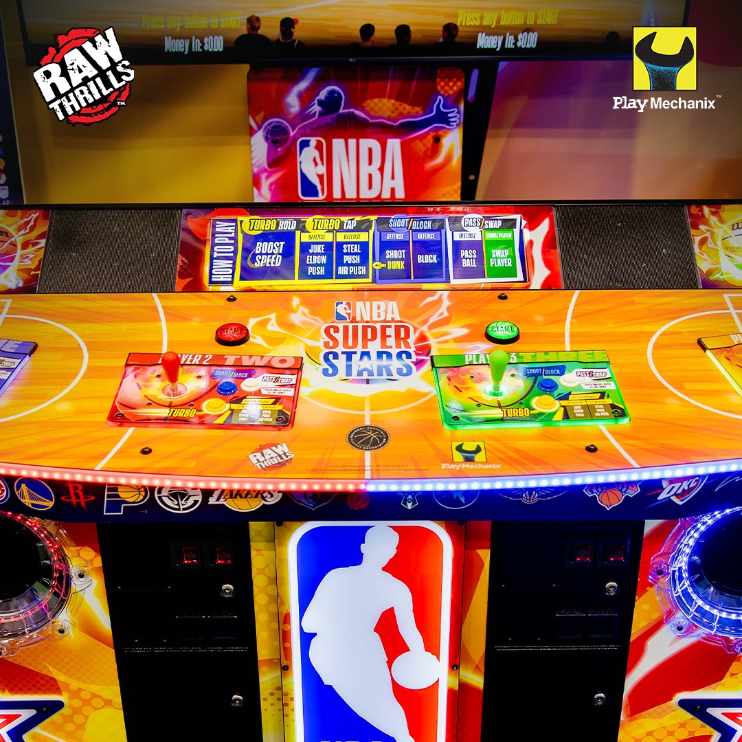 NBA Superstars arcade machine with 4-player basketball gameplay, 75-inch HD display, and official NBA teams and players.
